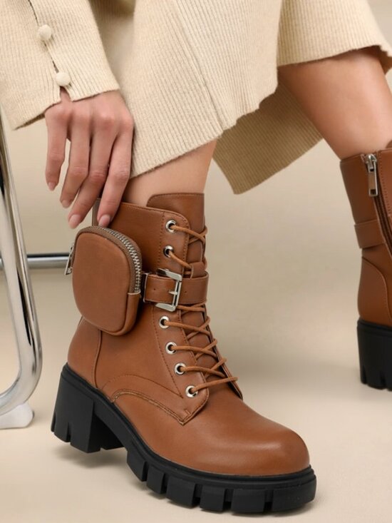 Chase + Chloe Shoes - Women’s Lace Up Combat Boots Chunky Lug Sole Buckle Utility Pouch Ankle Boots